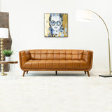 Corbin Mid Century Modern Tufted Back Genuine Leather Sofa in Cognac Tan