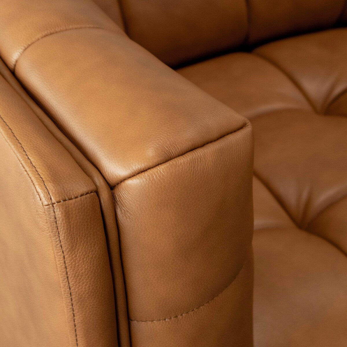 Corbin Mid Century Modern Tufted Back Genuine Leather Sofa in Cognac Tan