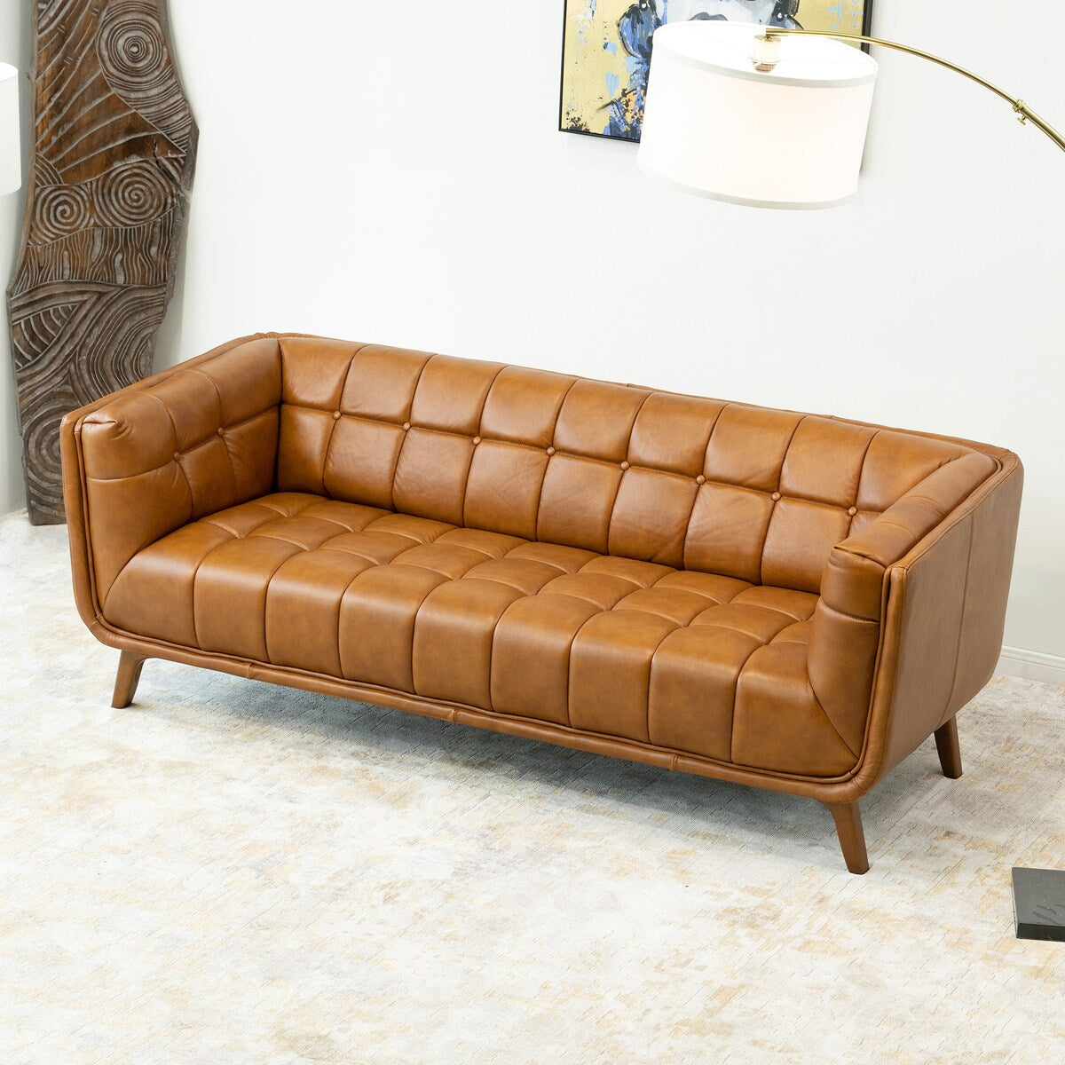 Corbin Mid Century Modern Tufted Back Genuine Leather Sofa in Cognac Tan