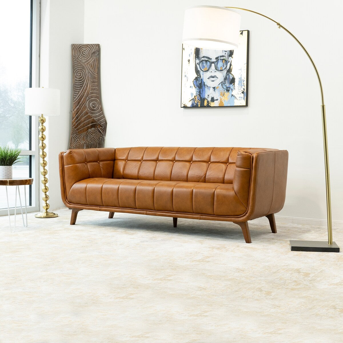 Corbin Mid Century Modern Tufted Back Genuine Leather Sofa in Cognac Tan