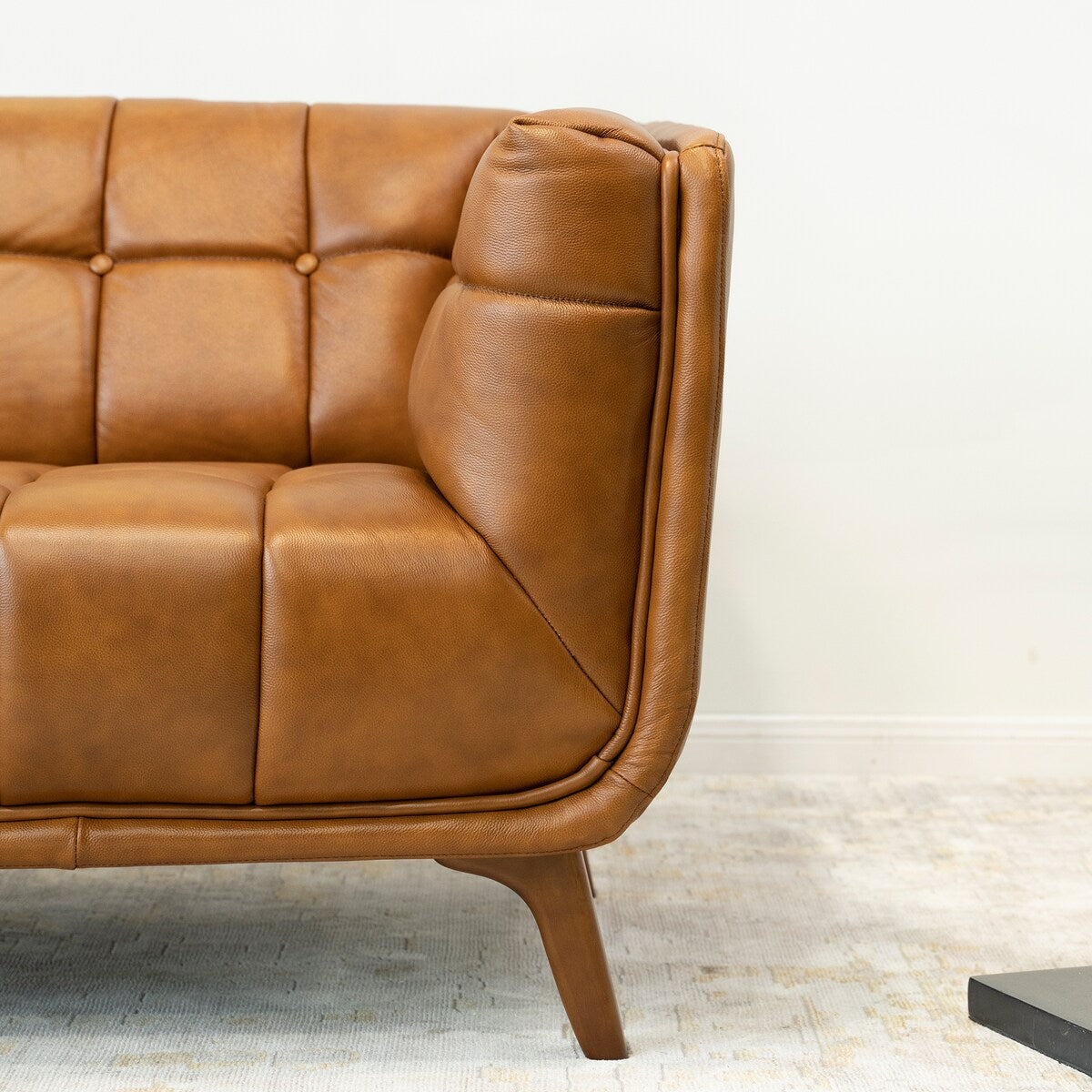 Corbin Mid Century Modern Tufted Back Genuine Leather Sofa in Cognac Tan