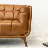 Corbin Mid Century Modern Tufted Back Genuine Leather Sofa in Cognac Tan