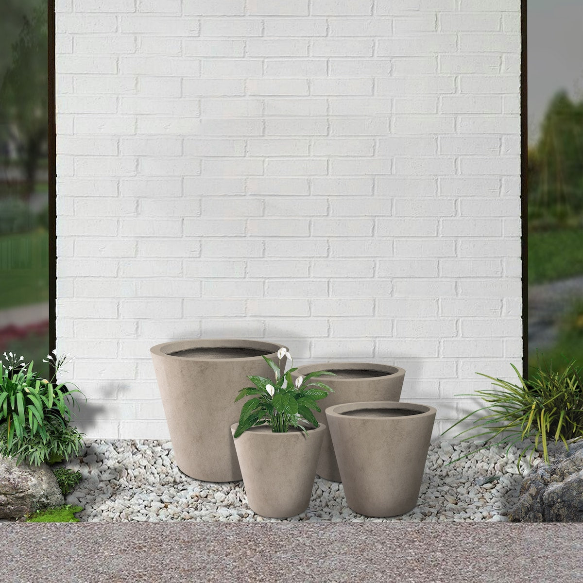 Kante 20.9", 17.7", 15" and 12.6"H Cylindrical Lightweight Concrete Modern Planters (Set of 4)