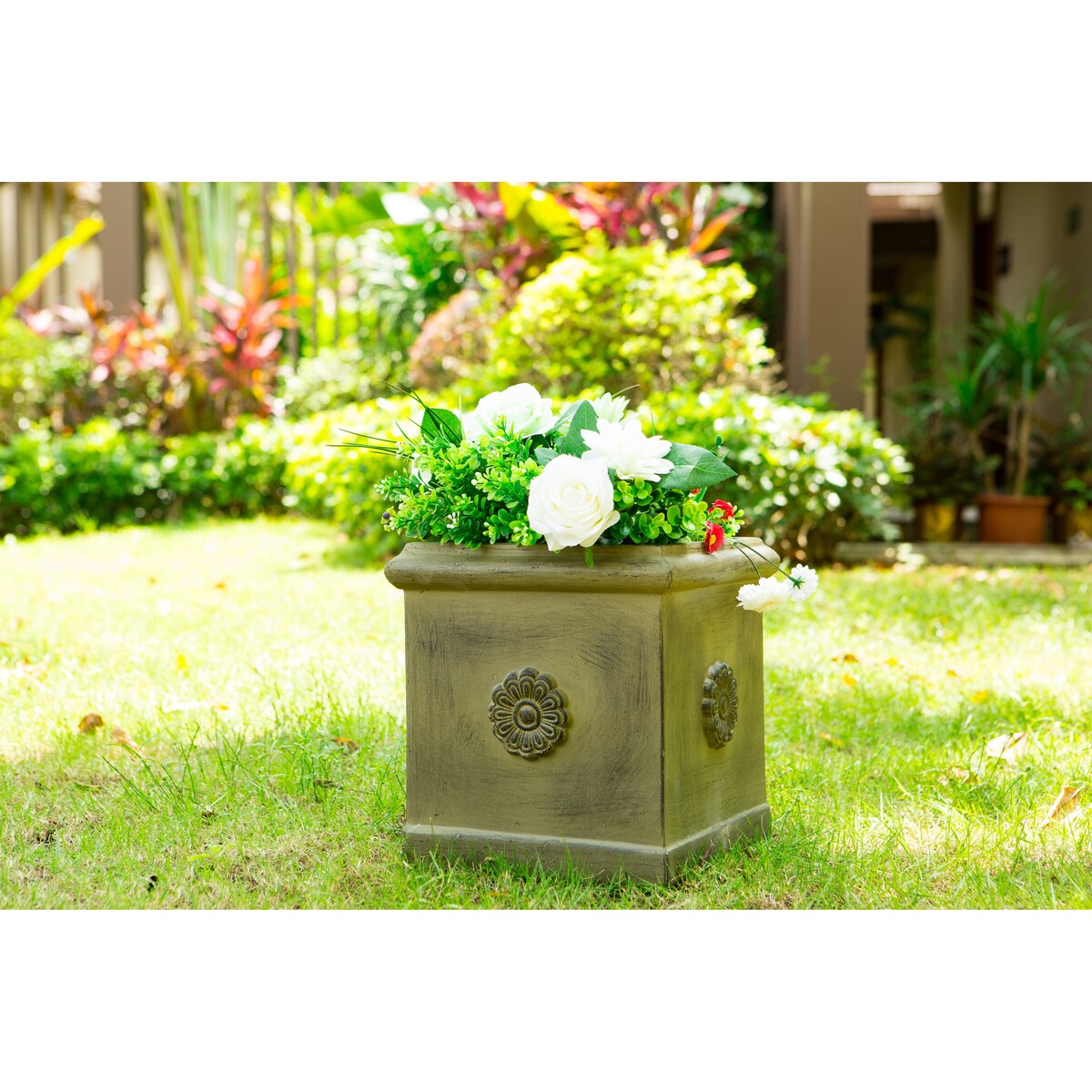 Kante Lightweight Classic Square Chrysanthemum Planter, 11.8 Inch Tall, Vintage Limestone