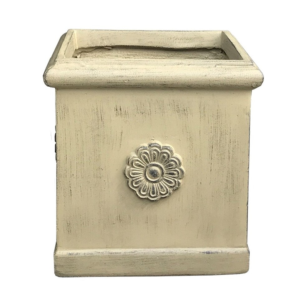 Kante Lightweight Classic Square Chrysanthemum Planter, 11.8 Inch Tall, Vintage Limestone