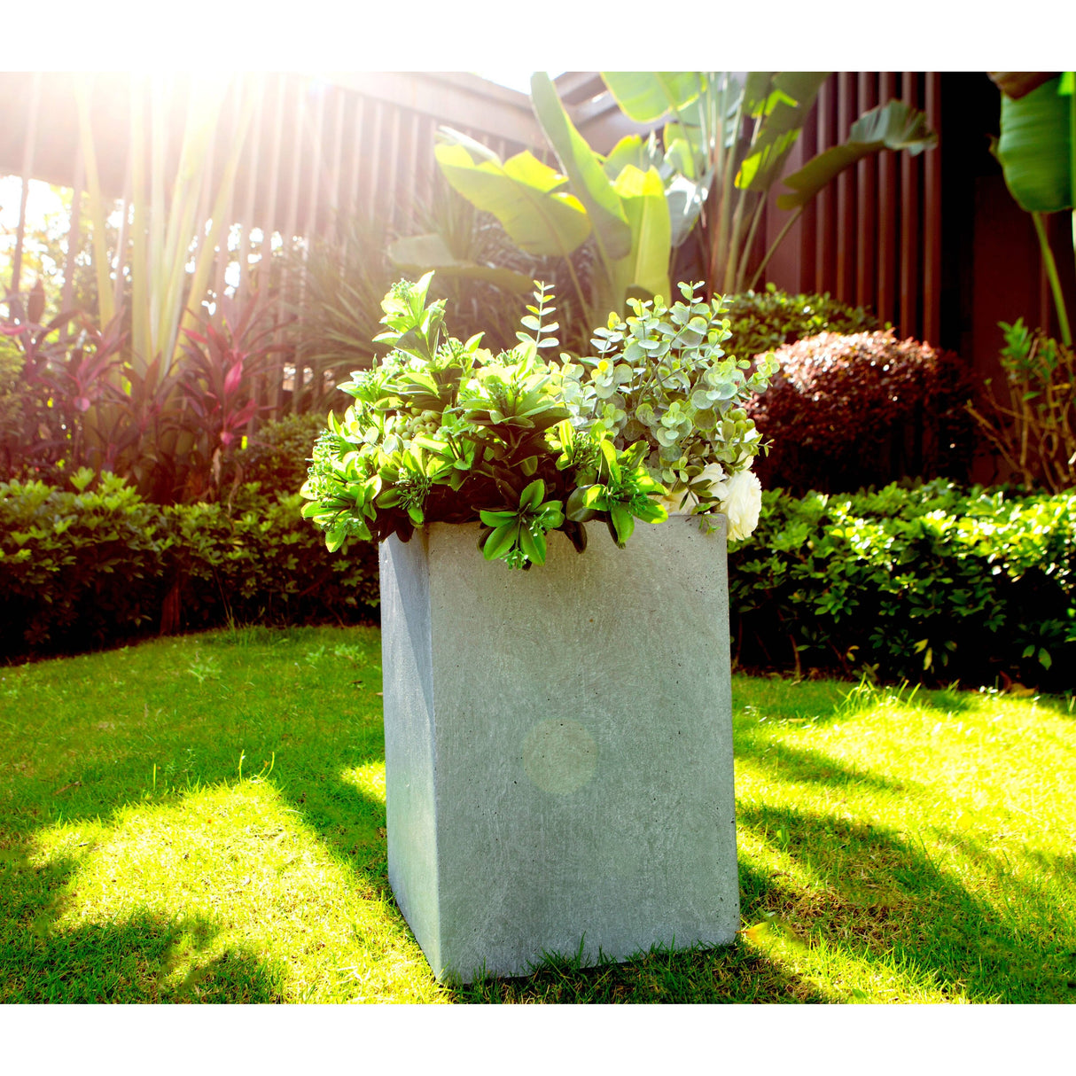 Kante Lightweight Concrete Tall Square Outdoor Planter, Small, 13 Inch Tall, Slate Gray