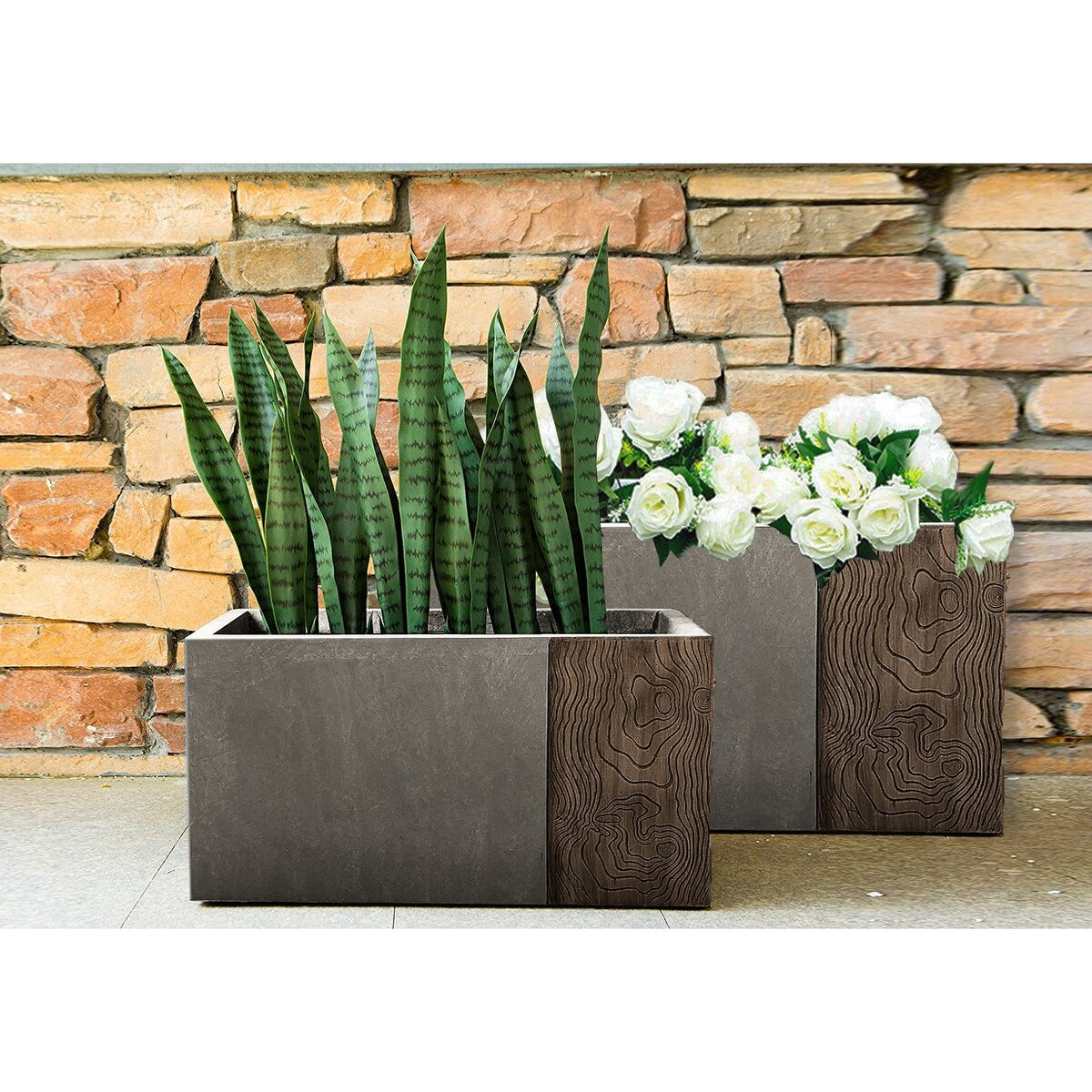 Kante Set of 2 Lightweight Concrete Modern Rectangle Outdoor Planters, 31 and 23 Inch Long, Lodgepole - 15"W x 31"L x 15"H