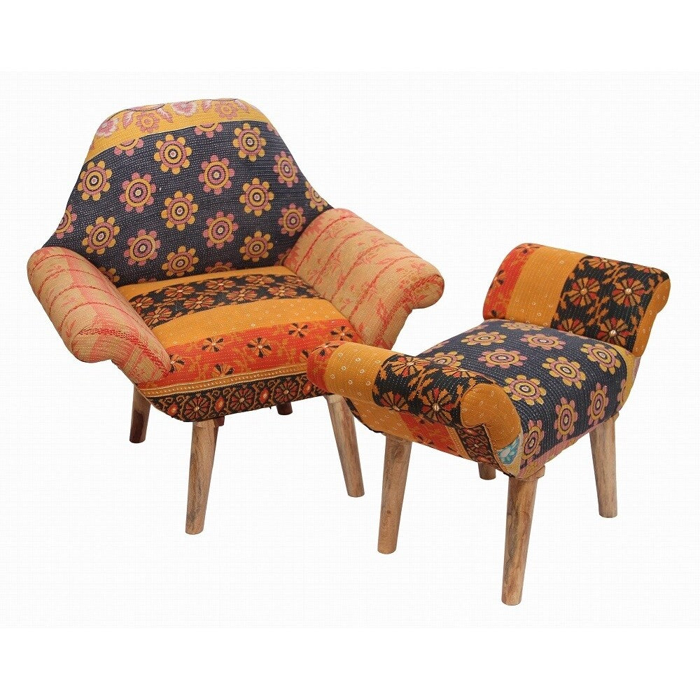 Handmade Tan/ Black/ Orange Kantha Chair and Ottoman Set (India)
