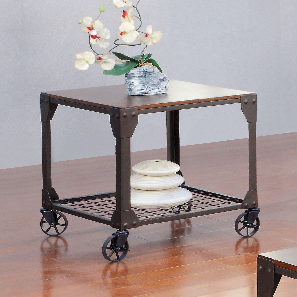 Furniture of America Gace Industrial Oak Metal Casters End Table