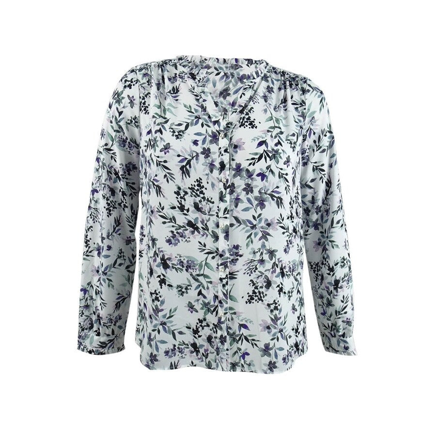 Karl Lagerfeld Paris Women's Floral-Print Button-Down Blouse (XXS, White Multi)
