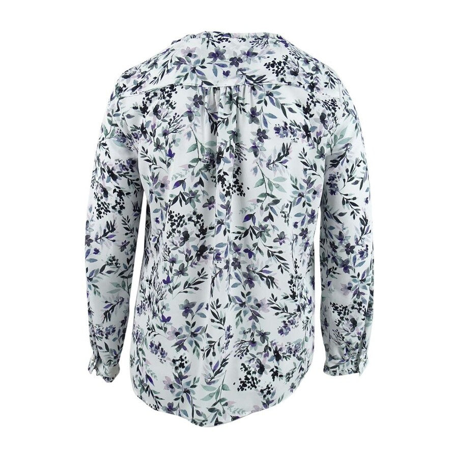 Karl Lagerfeld Paris Women's Floral-Print Button-Down Blouse (XXS, White Multi)