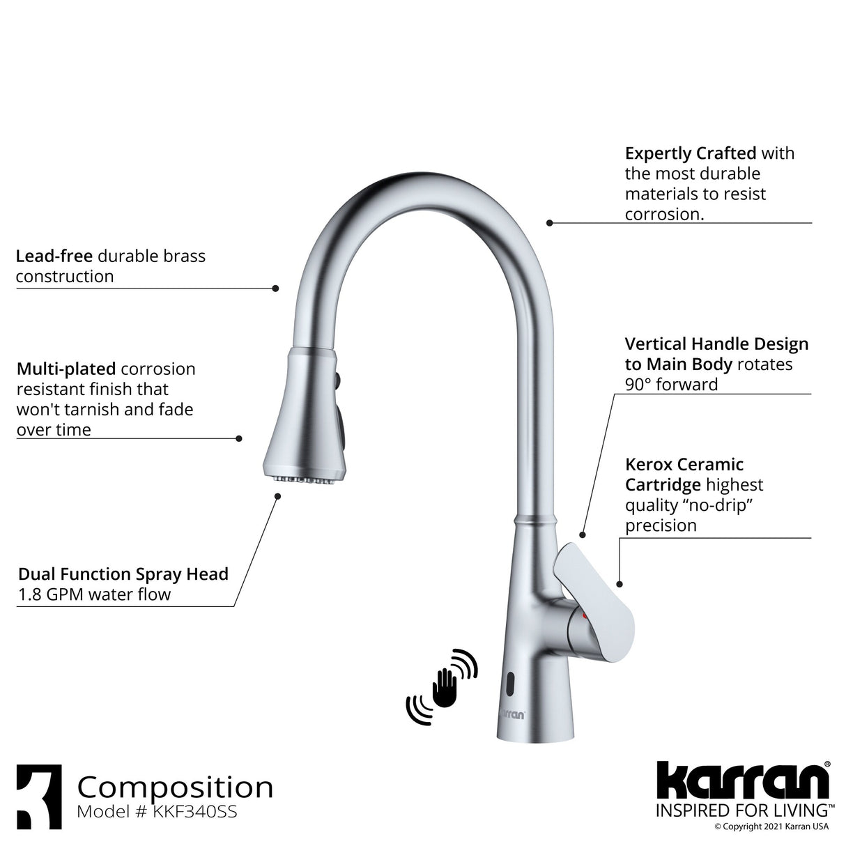 Karran 33" Top Mount Double Bowl 50/50 Quartz Kitchen Sink in White with Kitchen Faucet in Stainless Steel
