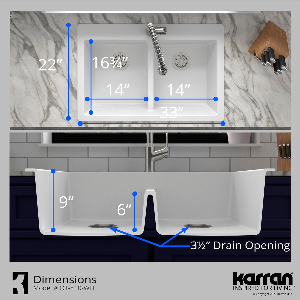 Karran 33" Top Mount Double Bowl 50/50 Quartz Kitchen Sink in White with Kitchen Faucet in Stainless Steel