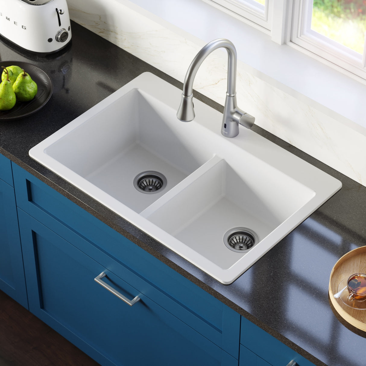 Karran 33" Top Mount Double Bowl 50/50 Quartz Kitchen Sink in White with Kitchen Faucet in Stainless Steel