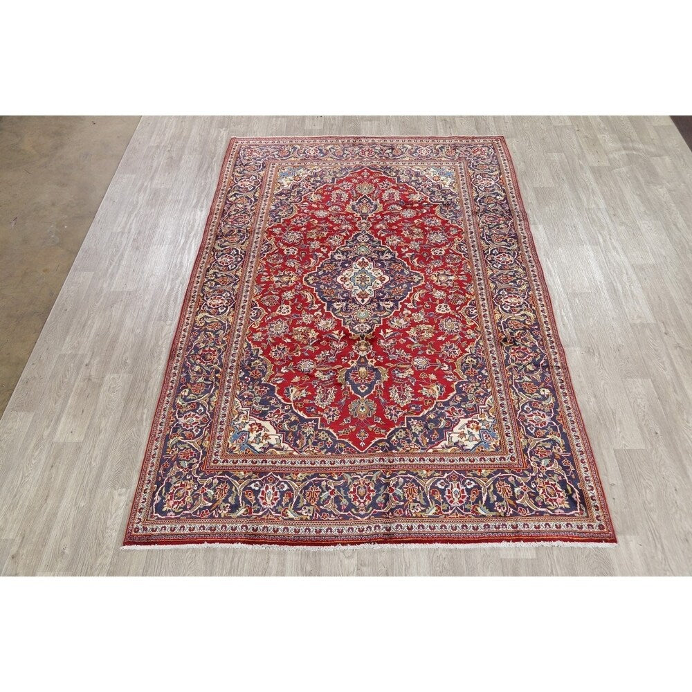 Kashan Floral Medallion Traditional Hand-Knotted Wool Persian Area Rug - 10'2" x 6'8"