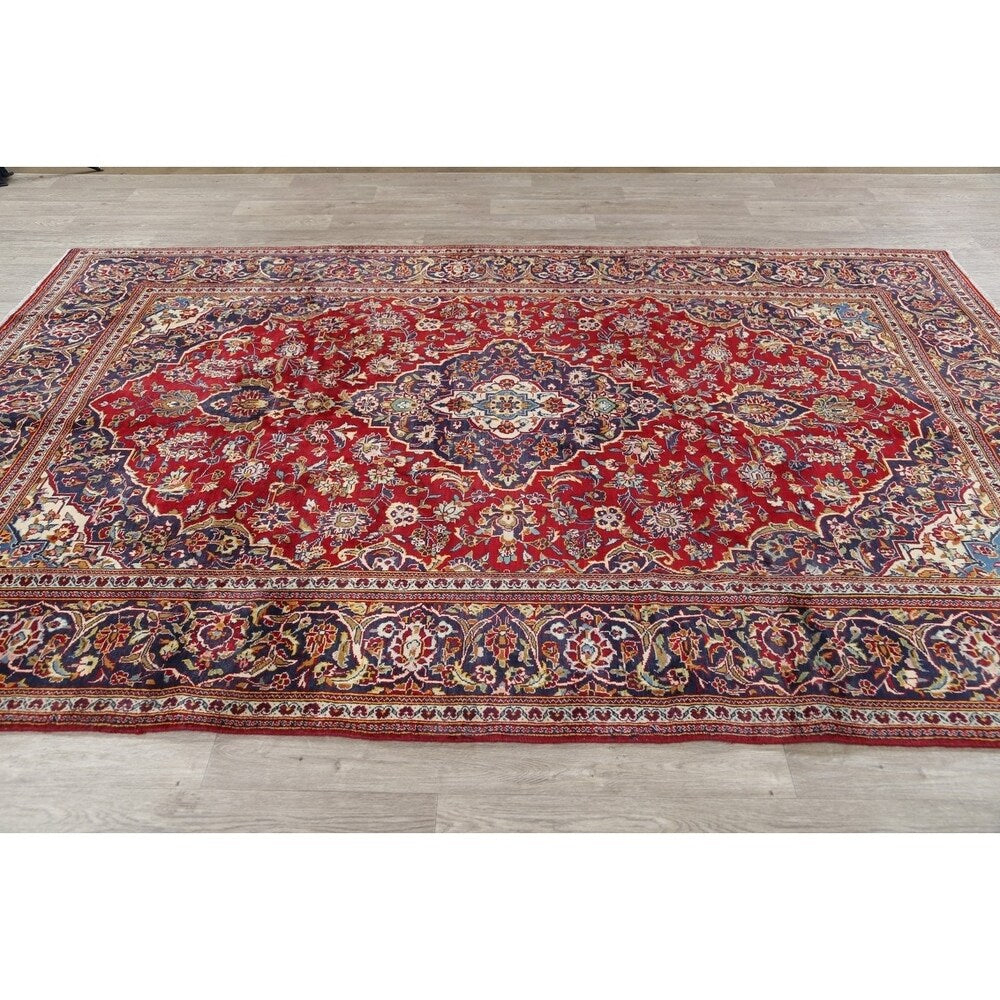 Kashan Floral Medallion Traditional Hand-Knotted Wool Persian Area Rug - 10'2" x 6'8"