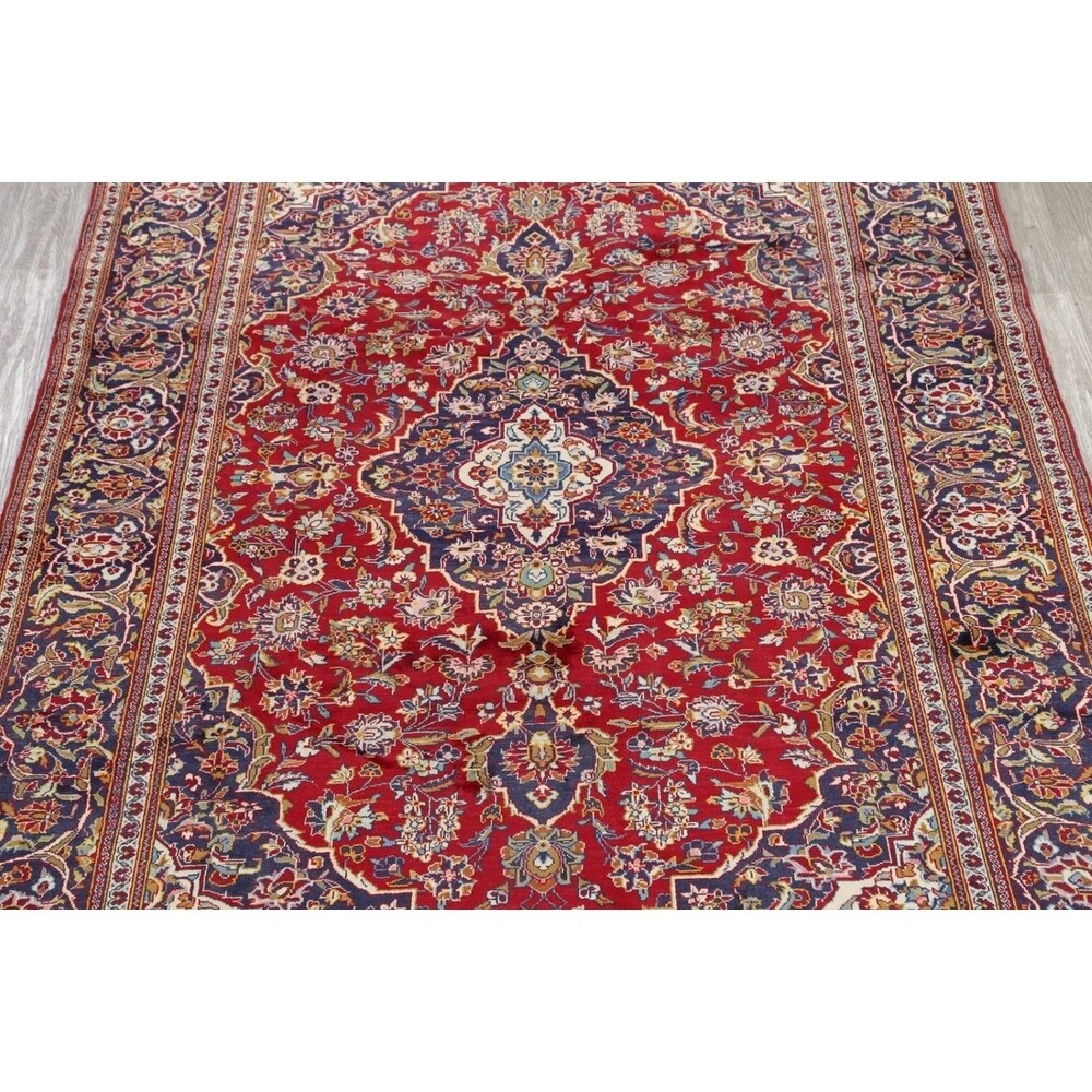 Kashan Floral Medallion Traditional Hand-Knotted Wool Persian Area Rug - 10'2" x 6'8"
