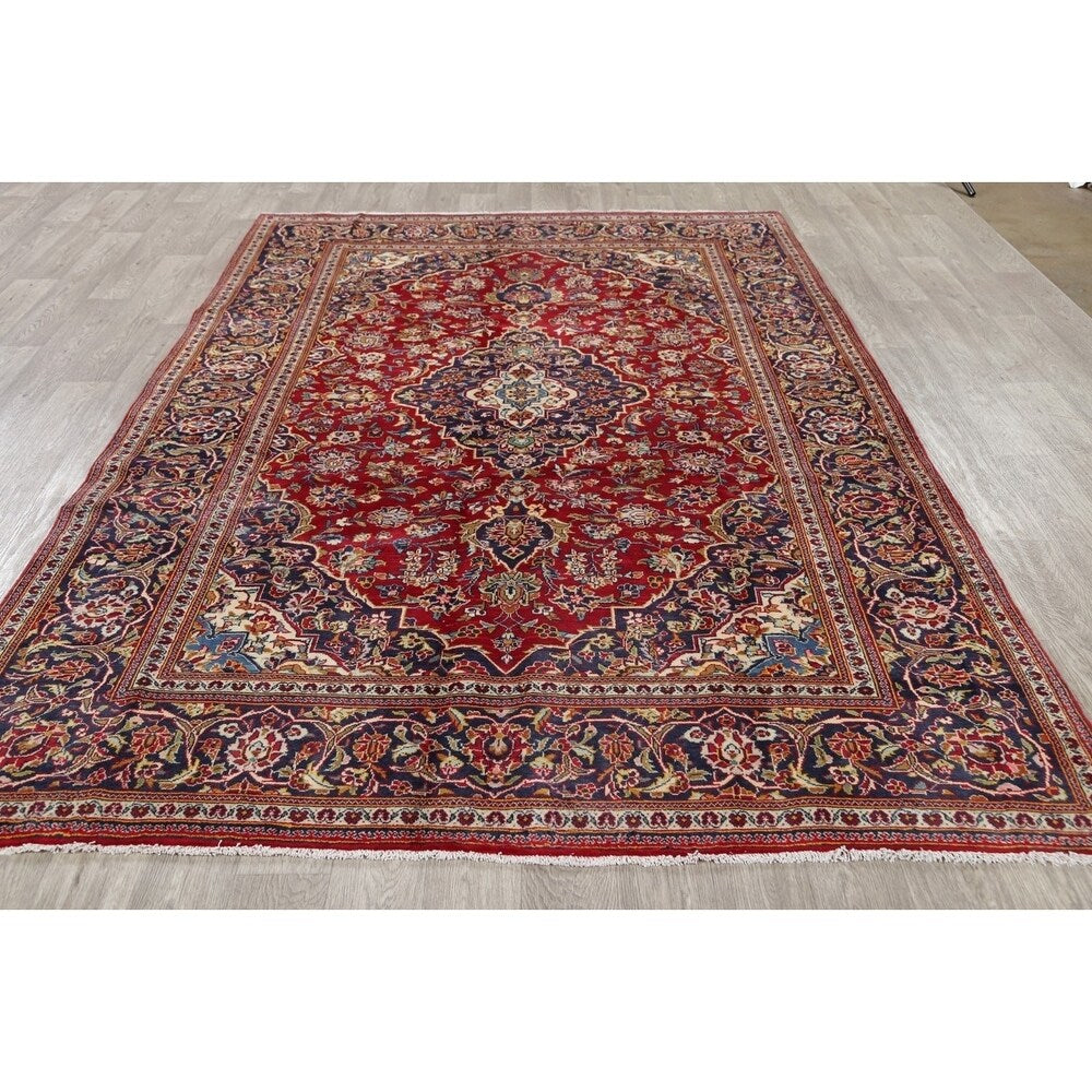 Kashan Floral Medallion Traditional Hand-Knotted Wool Persian Area Rug - 10'2" x 6'8"