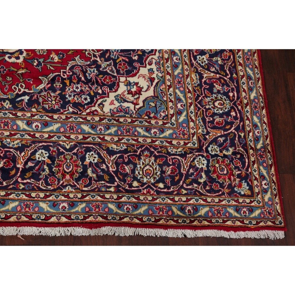 Kashan Floral Medallion Traditional Hand-Knotted Wool Persian Area Rug - 11'11" x 8'3"