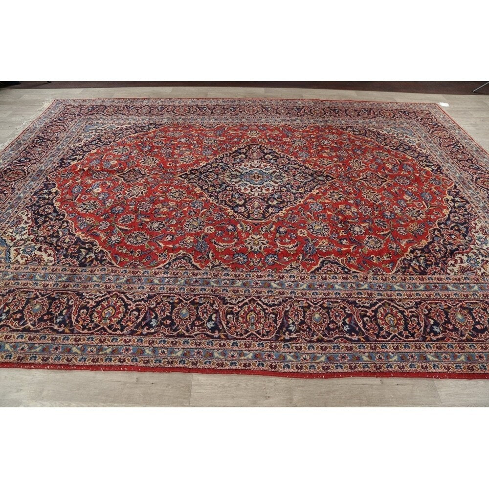 Kashan Floral Medallion Traditional Hand-Knotted Wool Persian Area Rug - 13'3" x 9'3"