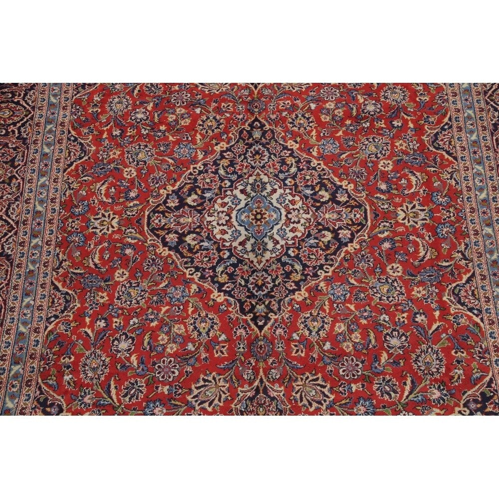 Kashan Floral Medallion Traditional Hand-Knotted Wool Persian Area Rug - 13'3" x 9'3"