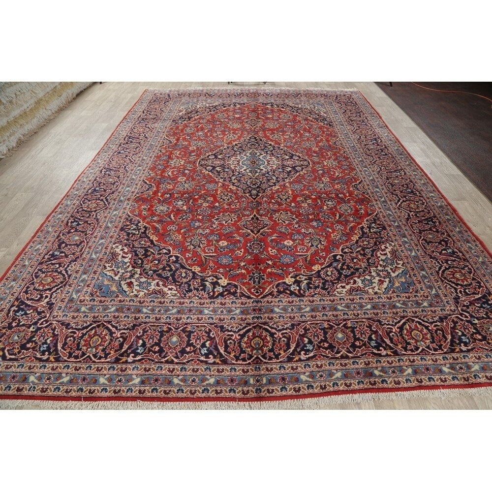 Kashan Floral Medallion Traditional Hand-Knotted Wool Persian Area Rug - 13'3" x 9'3"