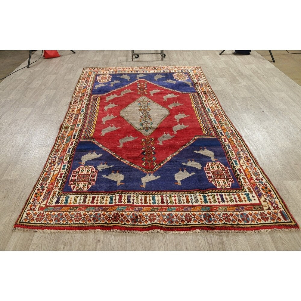 Kashkoli Geometric Animal Pictorial Hand-Knotted Wool Persian Area Rug - 9'5" x 7'2"