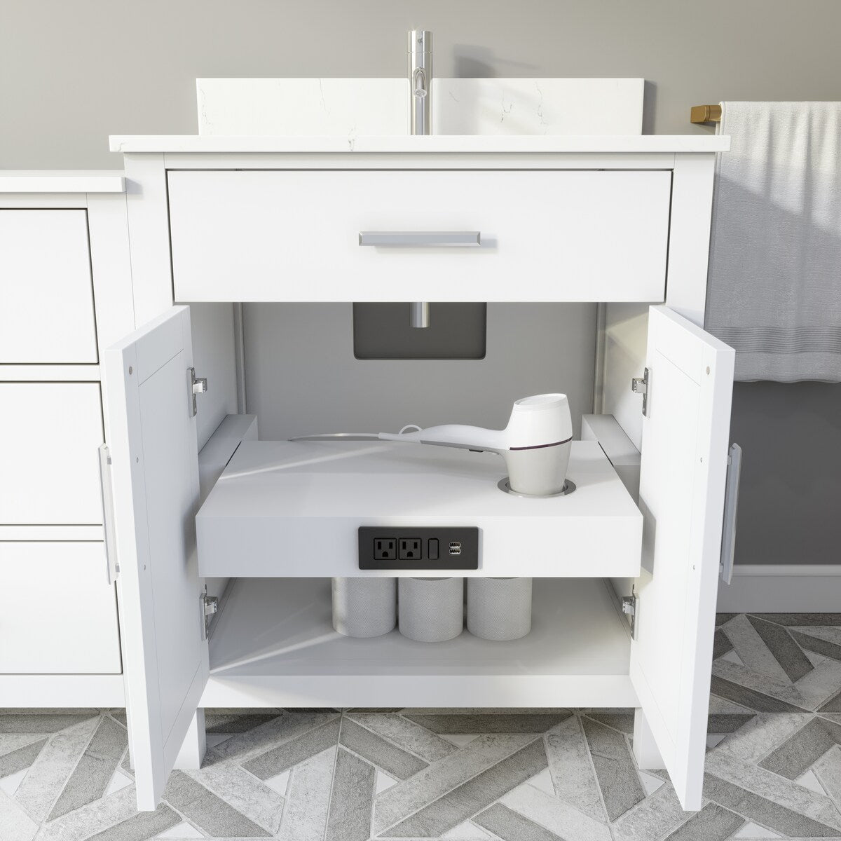 Kate 84 inch Bathroom Vanity with with Power Bar and Drawer Organizer.