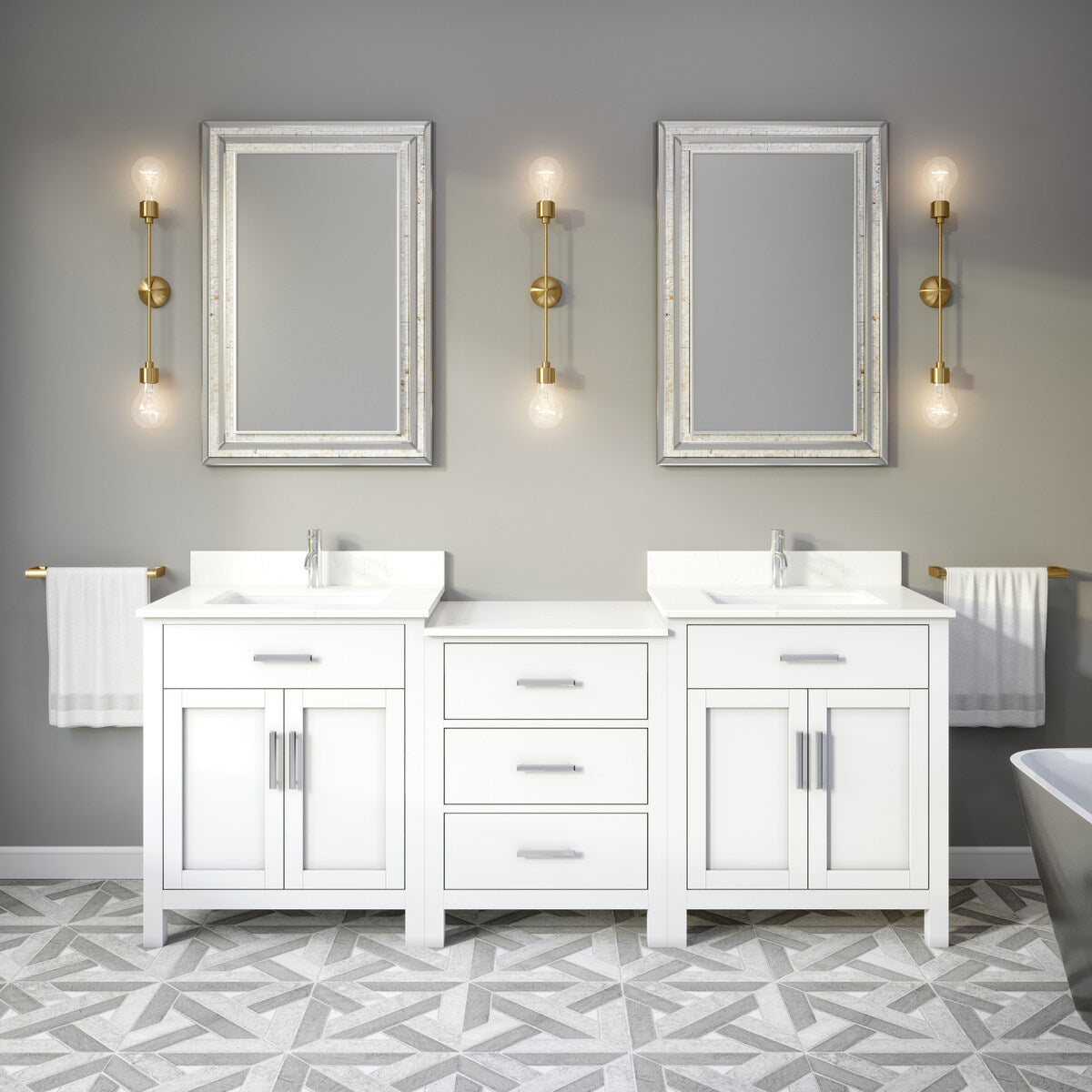 Kate 84 inch Bathroom Vanity with with Power Bar and Drawer Organizer.