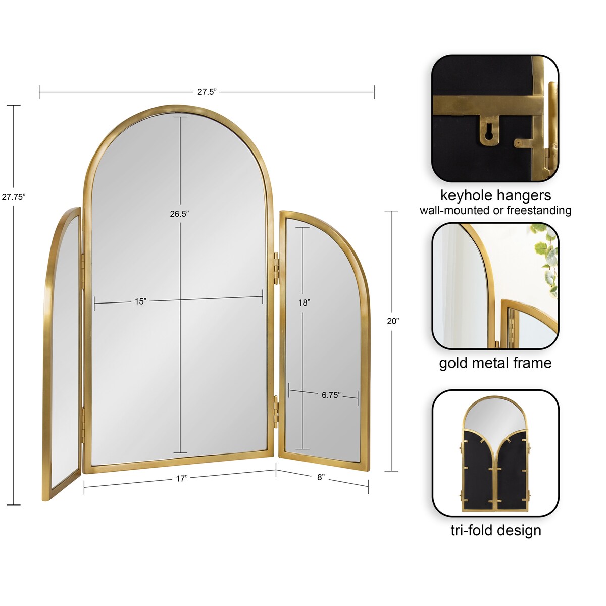 Kate and Laurel Amoli Tri-Fold Arch Mirror - 28x28