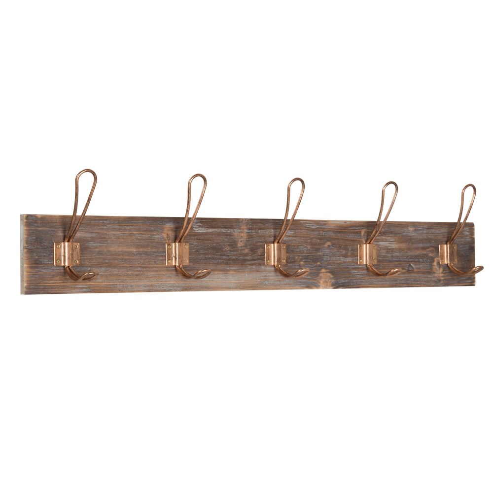 Kate and Laurel Skara Wall Coat Rack Wood with 5 Metal Hooks, Rose Gold - Copper