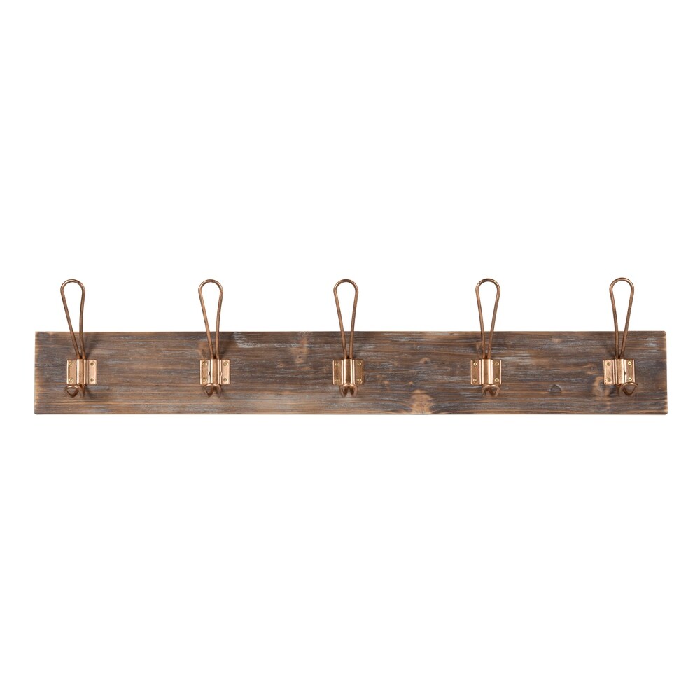 Kate and Laurel Skara Wall Coat Rack Wood with 5 Metal Hooks, Rose Gold - Copper