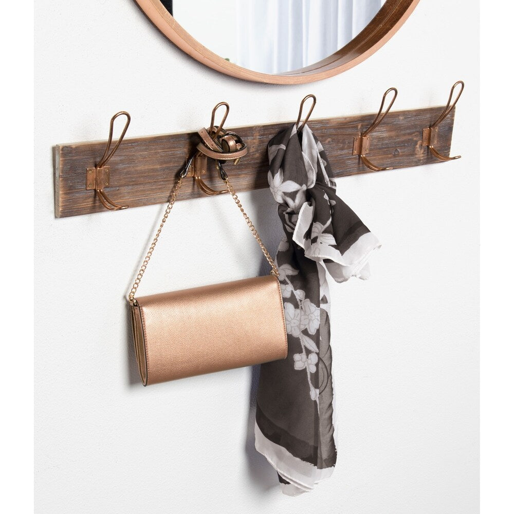 Kate and Laurel Skara Wall Coat Rack Wood with 5 Metal Hooks, Rose Gold - Copper