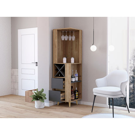 Katherine 2-Shelf 2-Drawer 4-Bottle Bar Cabinet Pine and Matt Grey