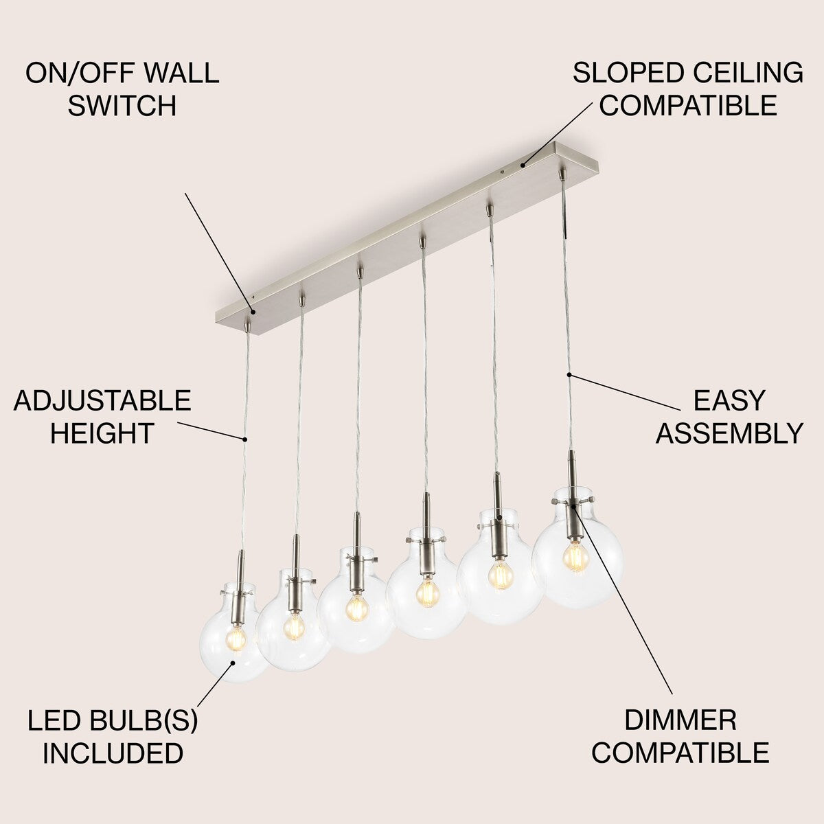 Katia 40.5" 6-Light Modern Contemporary Round Glass/Iron LED Linear Pendant, Nickel/Clear by JONATHAN Y