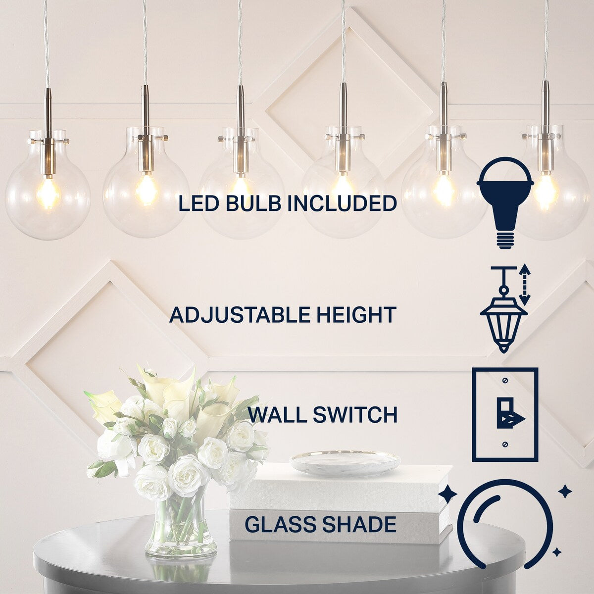 Katia 40.5" 6-Light Modern Contemporary Round Glass/Iron LED Linear Pendant, Nickel/Clear by JONATHAN Y