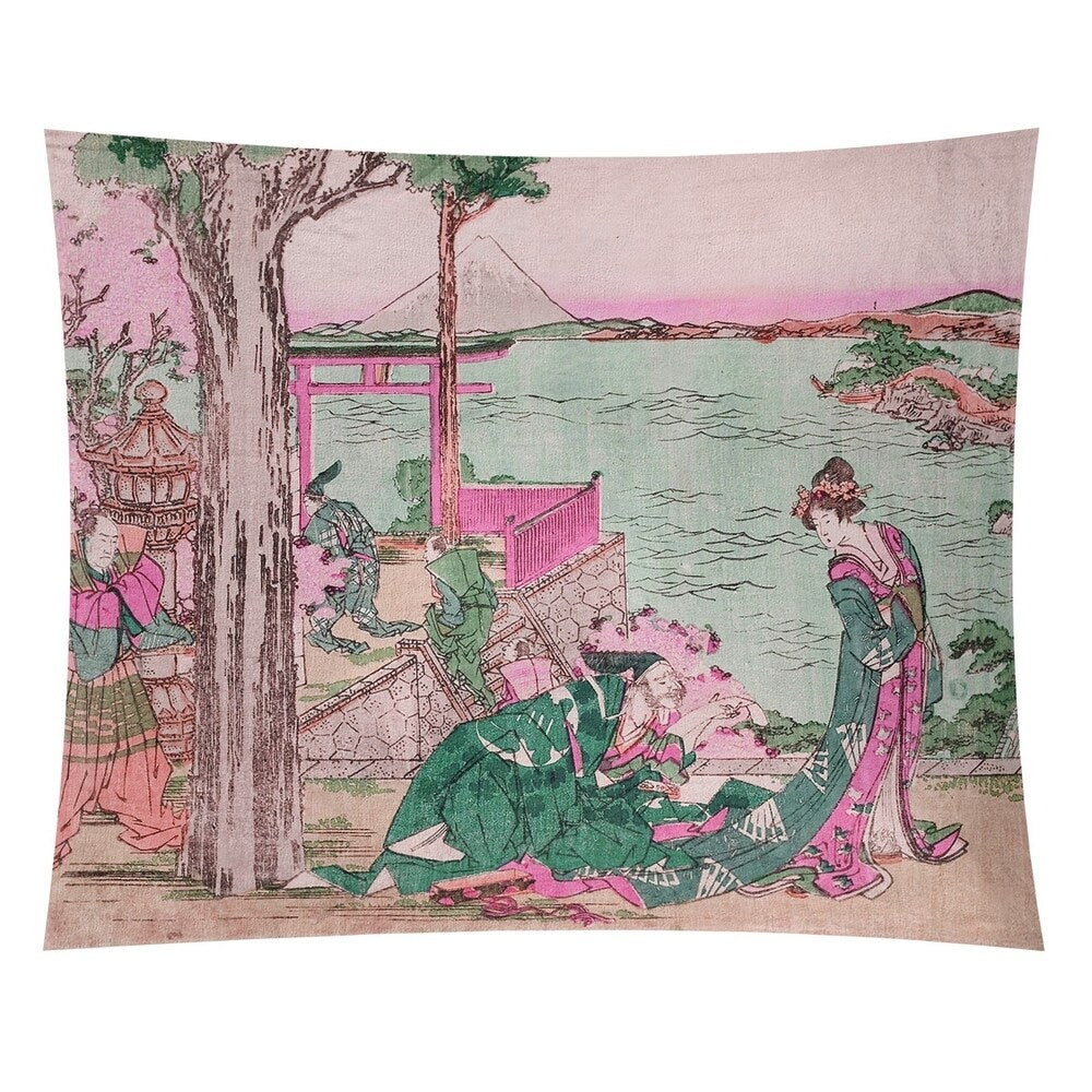 Katsushika Hokusai Japanese Courtesan in Green and Pink Wall Tapestry - 26 x 36