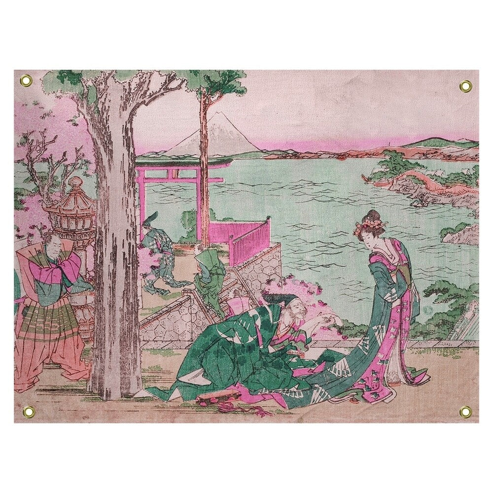 Katsushika Hokusai Japanese Courtesan in Green and Pink Wall Tapestry - 26 x 36