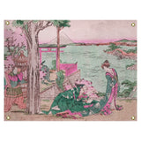Katsushika Hokusai Japanese Courtesan in Green and Pink Wall Tapestry - 26 x 36