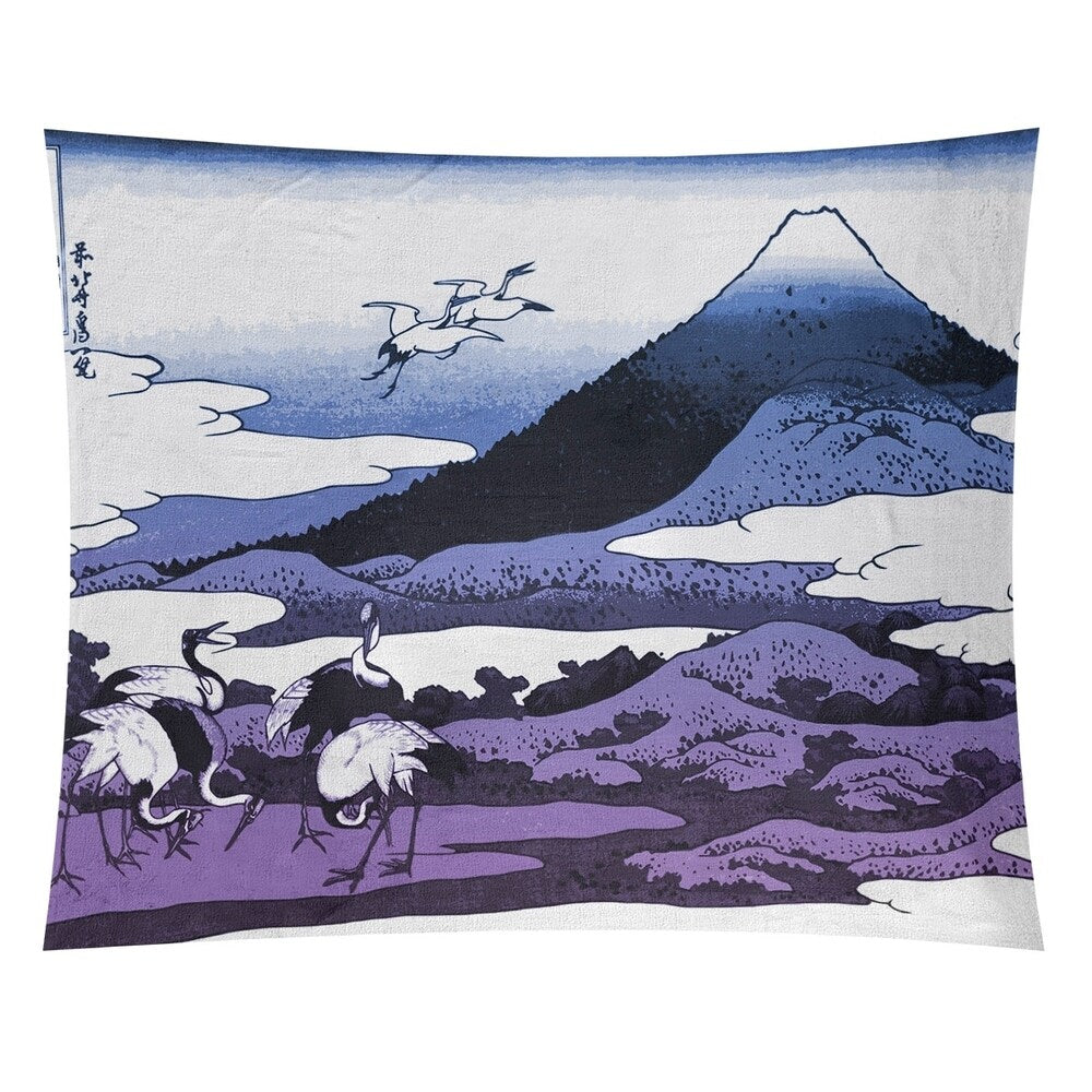 Katsushika Hokusai Japanese Cranes in Blue and Purple Wall Tapestry - 26 x 36