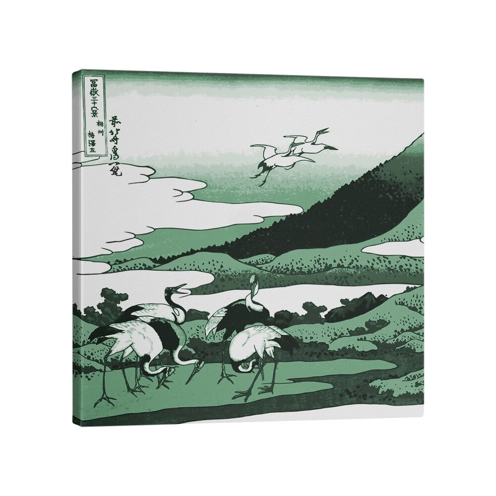 Katsushika Hokusai Japanese Cranes in Green Gallery-Wrapped Canvas