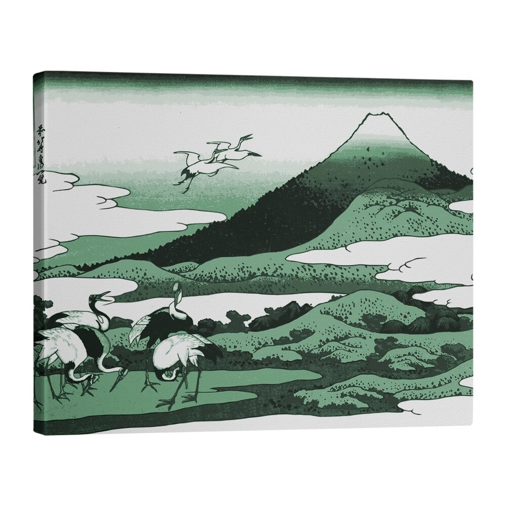 Katsushika Hokusai Japanese Cranes in Green Gallery-Wrapped Canvas
