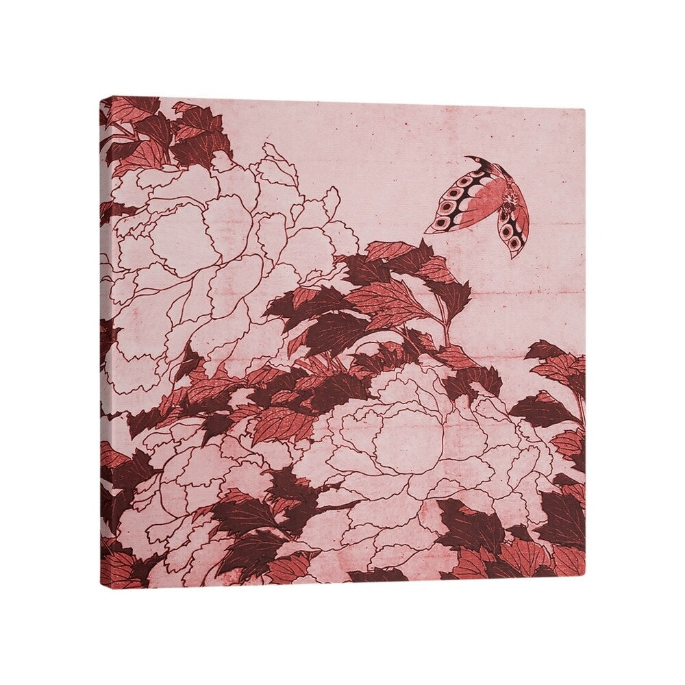 Katsushika Hokusai Peonies and Butterfly in Red Gallery-Wrapped Canvas - Brown