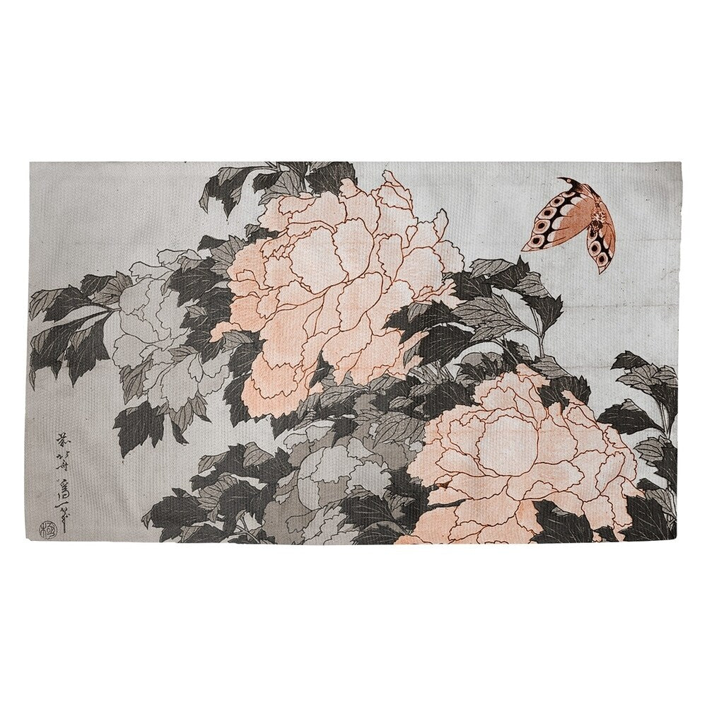Katsushika Hokusai Peonies and Butterfly with Orange Accents Dobby Rug