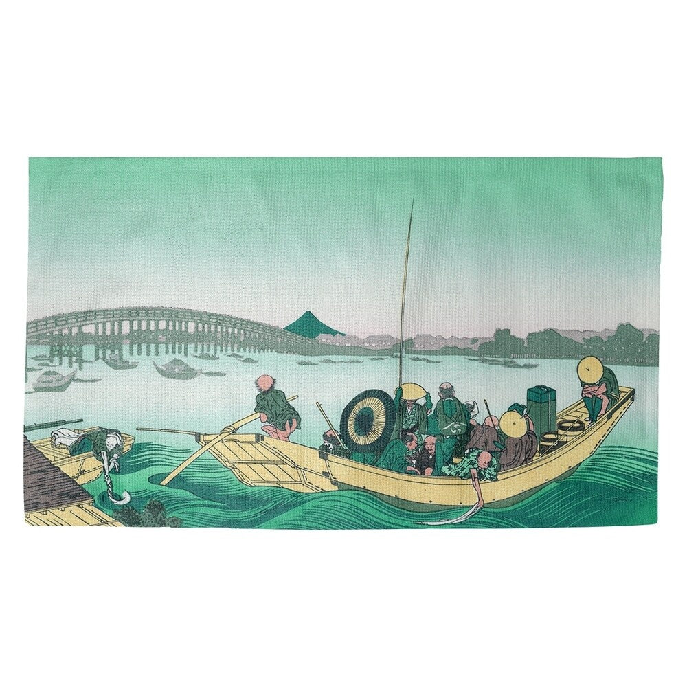 Katsushika Hokusai Sunset Across the Ryogoku Bridge in Green Dobby Rug