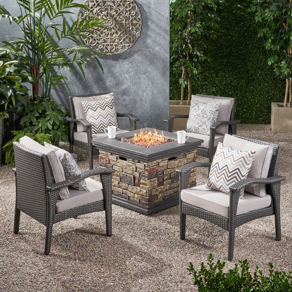 Kaula 5-piece Wicker Club Chair Fire Pit Set by Christopher Knight Home