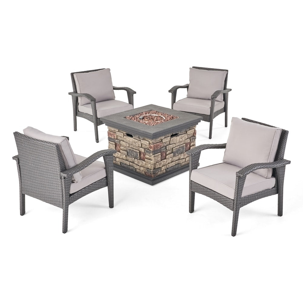 Kaula 5-piece Wicker Club Chair Fire Pit Set by Christopher Knight Home