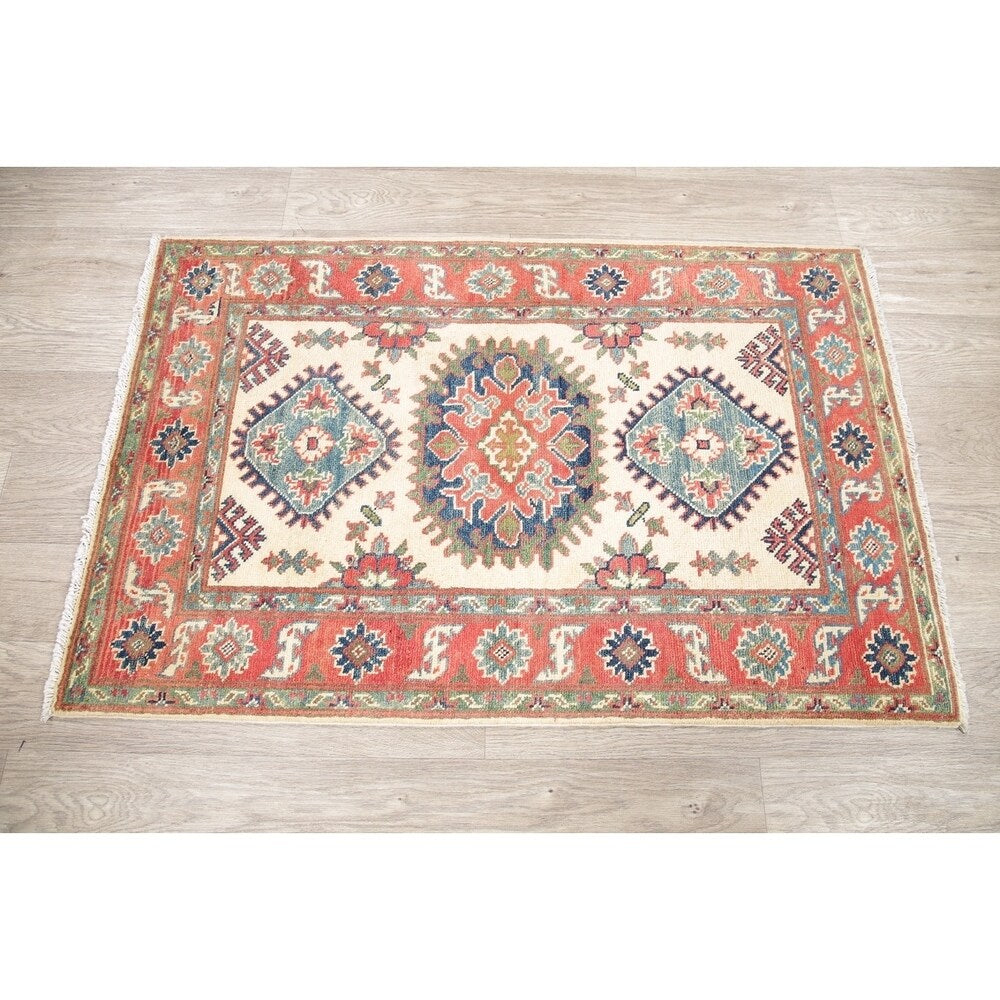 Kazak Oriental Hand Knotted Wool Traditional Pakistani Casual Area Rug - 4'1" x 2'8"