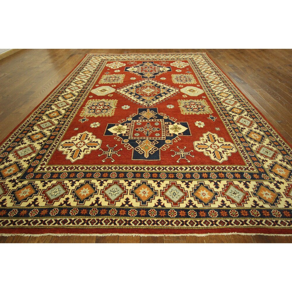 Kazak Tribal Design Red Oriental Hand-knotted Wool Area Rug (4' x 7')