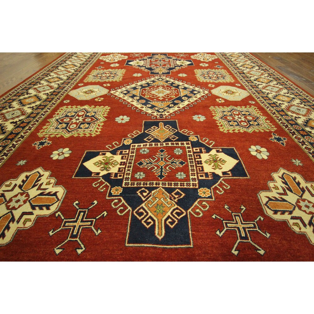 Kazak Tribal Design Red Oriental Hand-knotted Wool Area Rug (4' x 7')